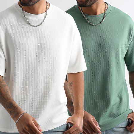 LBO - Juego De 2 Camisetas Texturizadas Waffle Grande 2108 Blanco Verde Claro