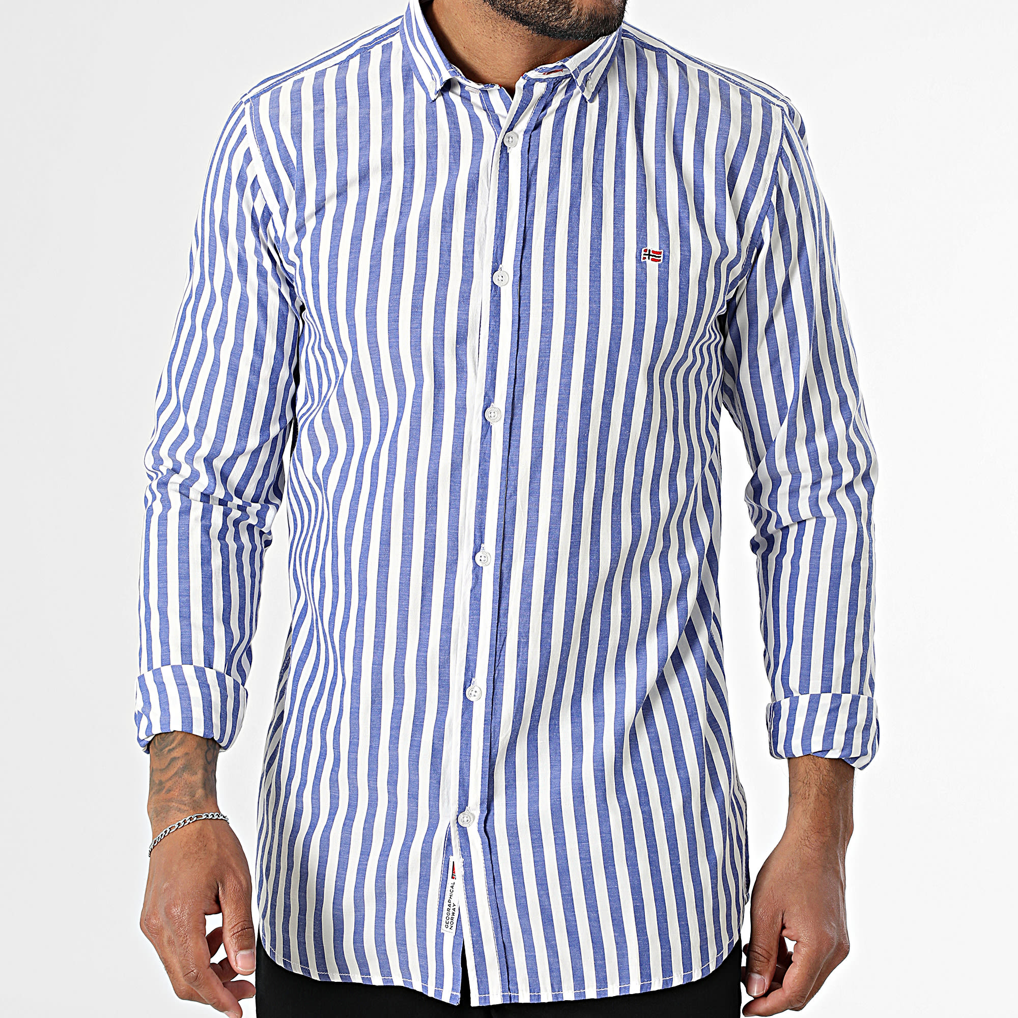 Geographical Norway - 166 Azul Marino Blanco Camisa de Manga Larga a Rayas