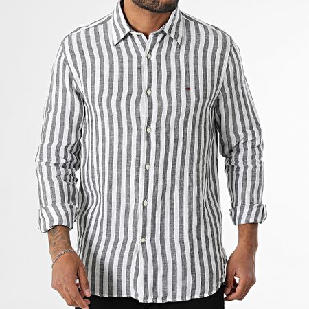 Tommy Hilfiger - Camisa Lino Manga Larga Regular Fit Lino Rayas Bengala 9456 Blanco Negro